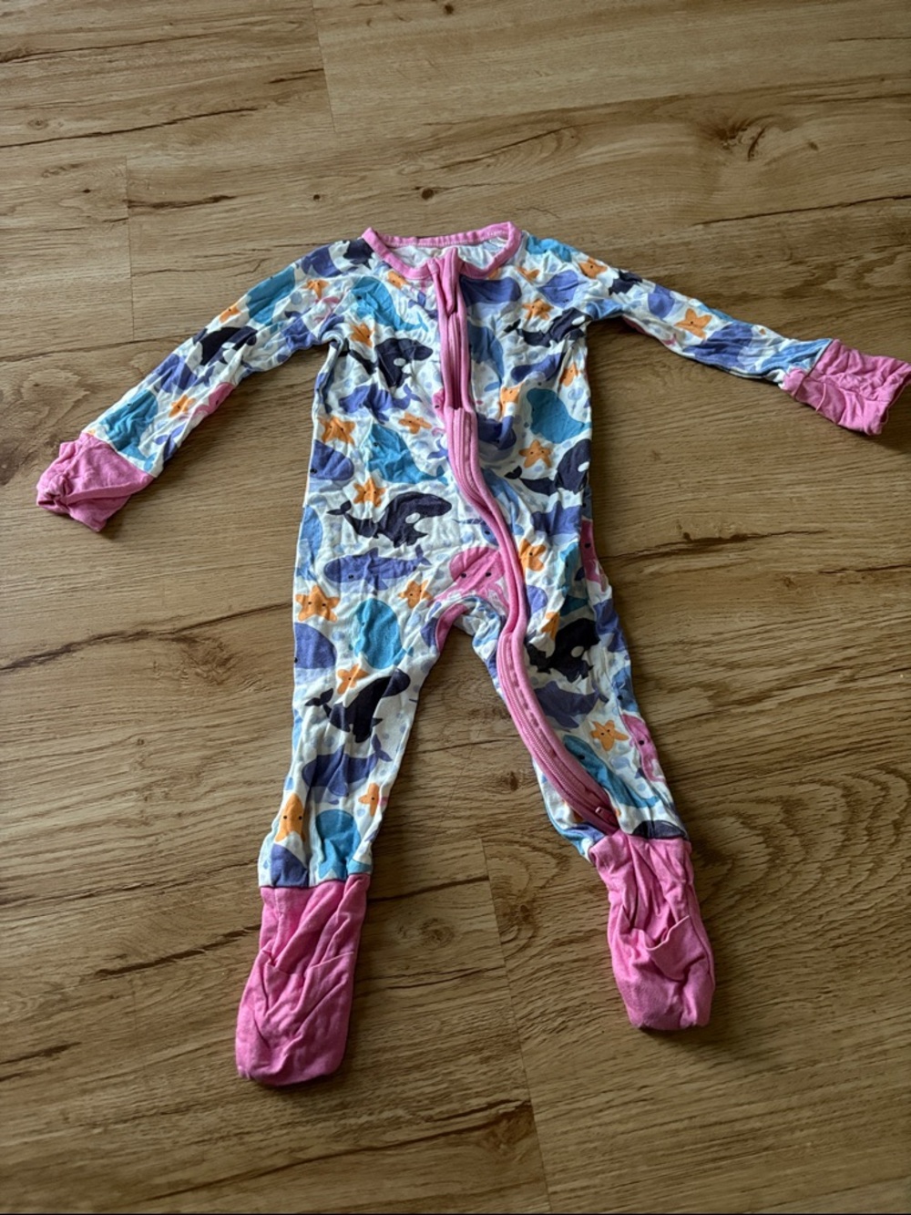 Little One Shop Pink Trim Sea Life Print Footed One-Piece Pajama for Kids